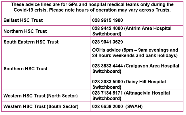 Table showing advice lines for GPs and hospital medical teams across Trusts