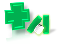 Image of a Pharmacy green cross and three tablets for Palliative Care Pharmacy and Medication